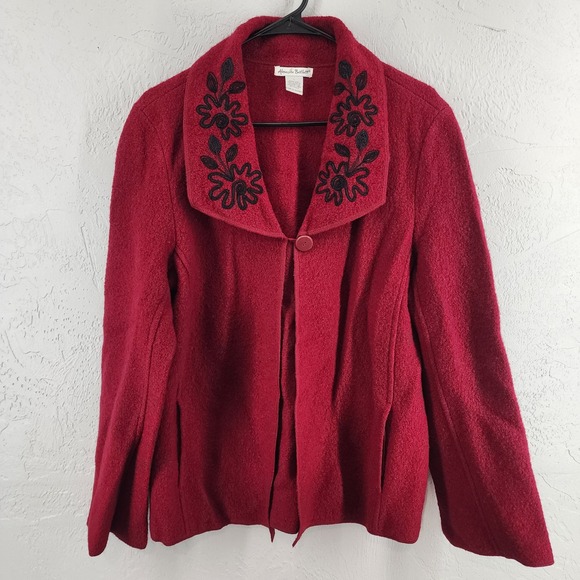 Alexandra Bartlett Sweaters - Alexandra Bartlett Red 100% Boiled Wool Embroidered Cardigan Jacket Womens Large